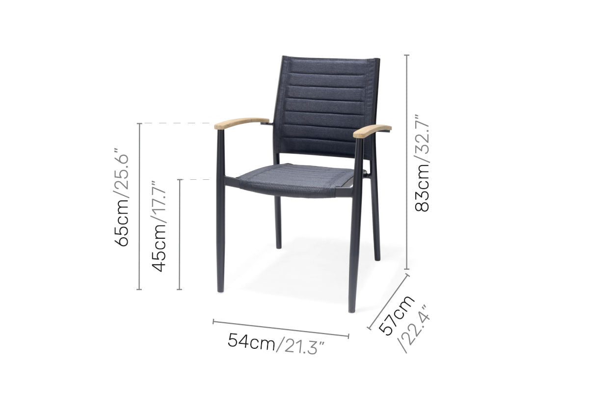 Portals Dark Lite Outdoor Dining Set | FSC Teak & Black Aluminum Table | Stacking Chairs with 3D Mesh | LifestyleGarden