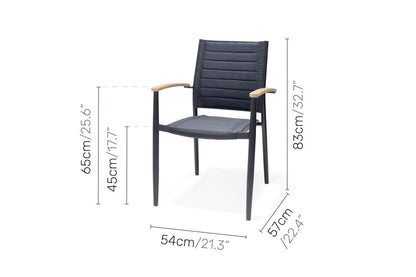 Portals Dark Lite Outdoor Dining Set | FSC Teak & Black Aluminum Table | Stacking Chairs with 3D Mesh | LifestyleGarden