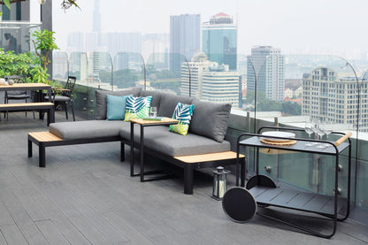 Portals Dark C-Shape Side Table | Black Aluminum & FSC Teak | Balcony & Lounge Accessory | LifestyleGarden