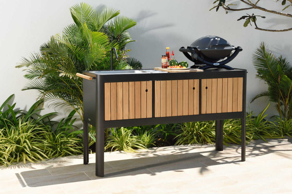 Portals Dark Outdoor Kitchen | Aluminum & FSC Teak | Stainless Steel Sink | FSC Cutting Board | LifestyleGarden