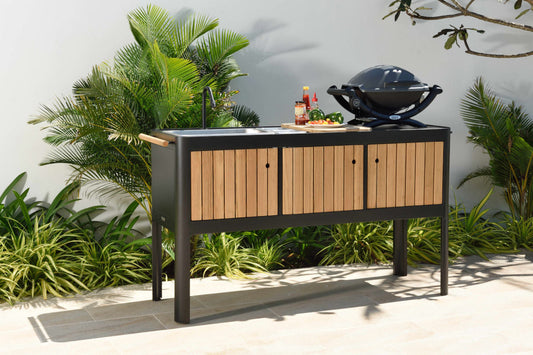 Portals Dark Outdoor Kitchen | Aluminum & FSC Teak | Stainless Steel Sink | FSC Cutting Board | LifestyleGarden