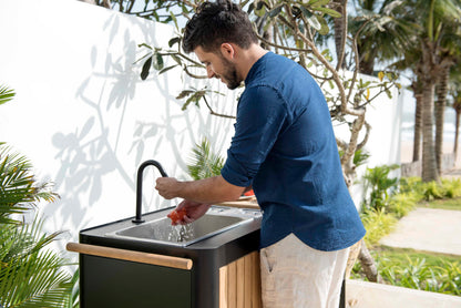 Portals Dark Outdoor Kitchen | Aluminum & FSC Teak | Stainless Steel Sink | FSC Cutting Board | LifestyleGarden