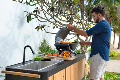Portals Dark Outdoor Kitchen | Aluminum & FSC Teak | Stainless Steel Sink | FSC Cutting Board | LifestyleGarden