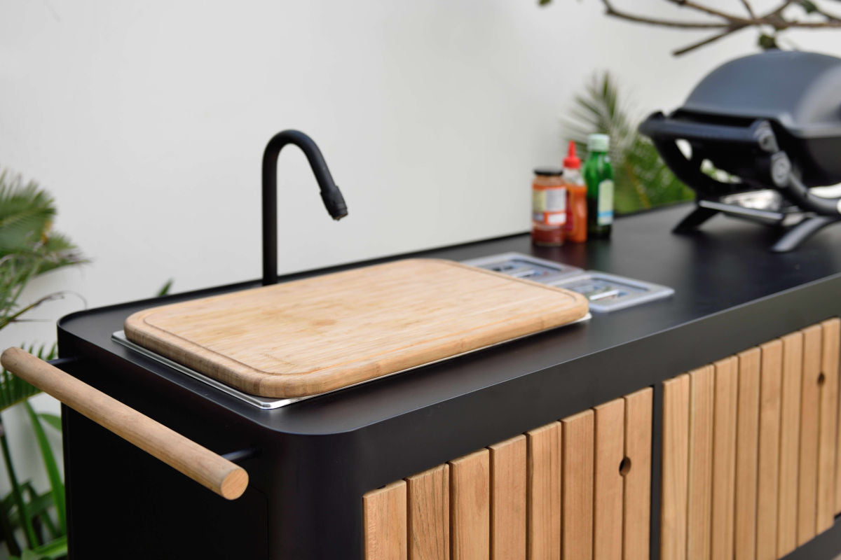 Portals Dark Outdoor Kitchen | Aluminum & FSC Teak | Stainless Steel Sink | FSC Cutting Board | LifestyleGarden