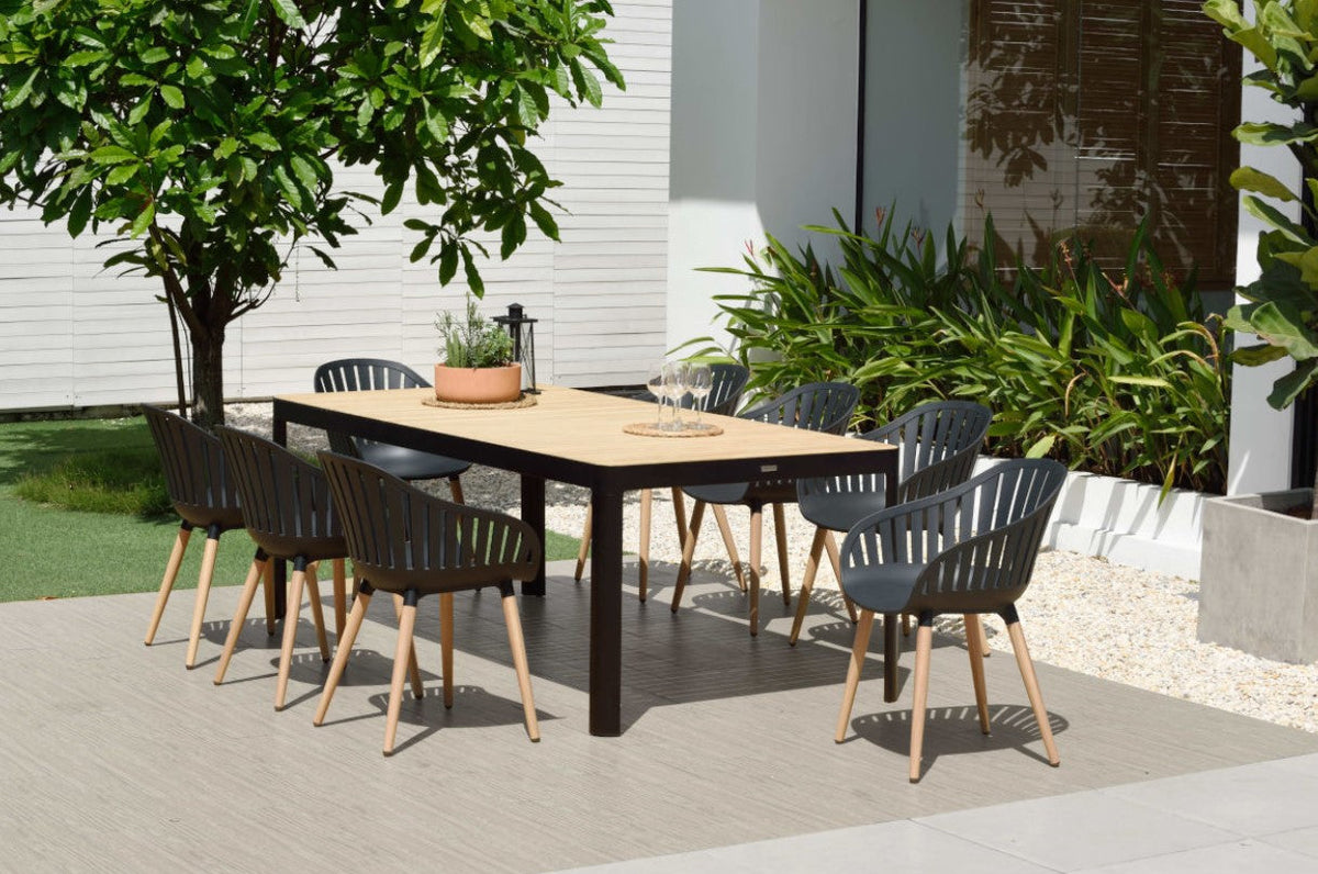 Portals Dark Rectangular Dining Set | 9-Piece | 8 Nassau Carver Chairs | Aluminum & FSC Teak | LifestyleGarden