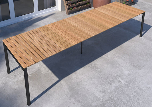 Topaz Rectangular Extendable Outdoor Dining Table | Dark Grey Aluminum & FSC Teak | Seats 10–12 | LifestyleGarden
