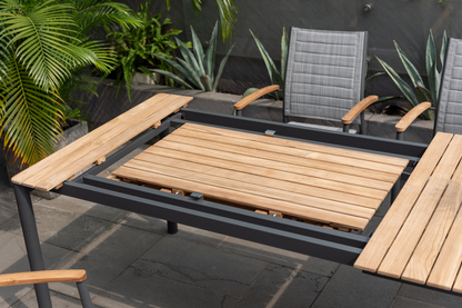 Topaz Rectangular Extendable Outdoor Dining Table | Dark Grey Aluminum & FSC Teak | Seats 10–12 | LifestyleGarden