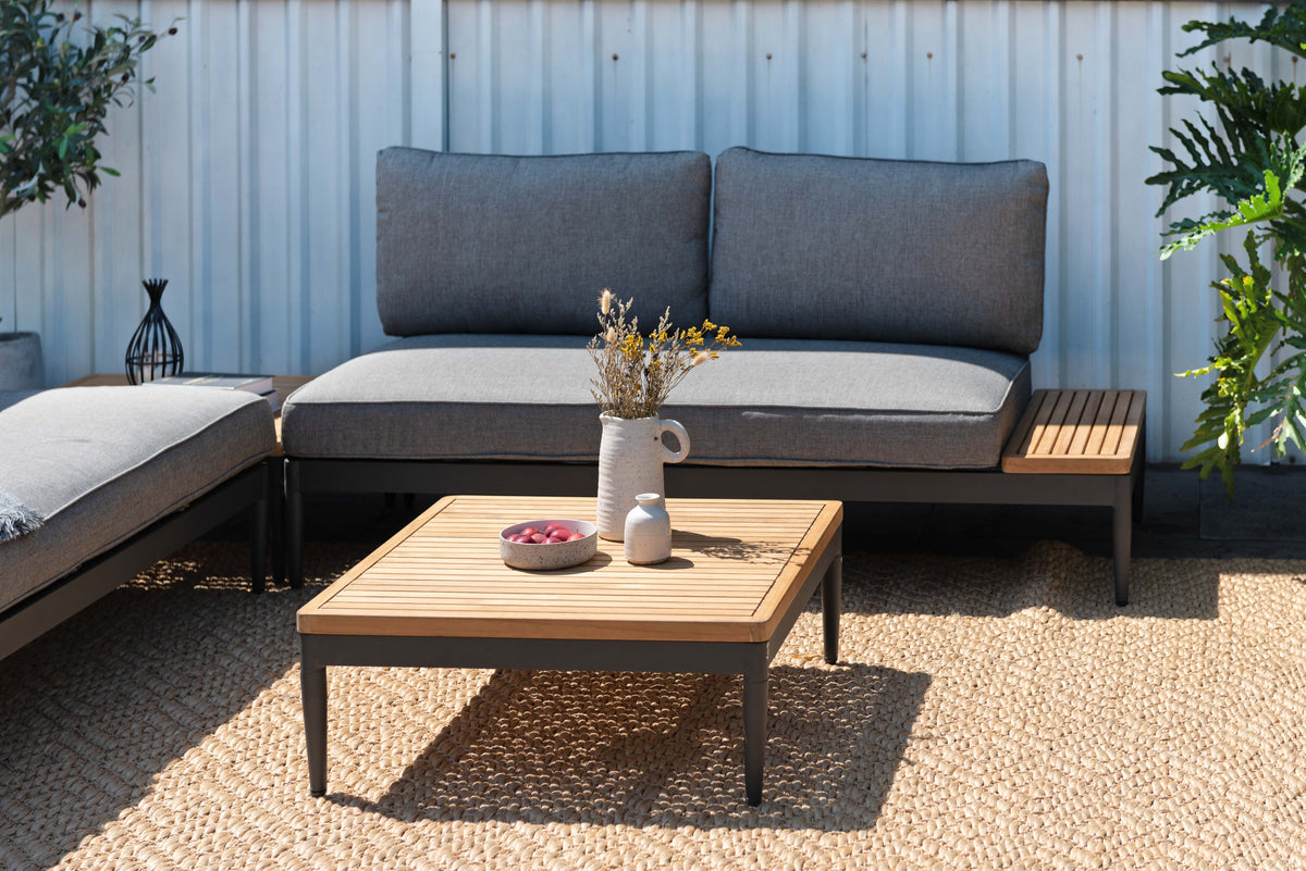 Topaz 2-Piece Outdoor Seating Set | Dark Grey Aluminum, FSC Teak & Olefin Cushions | LifestyleGarden