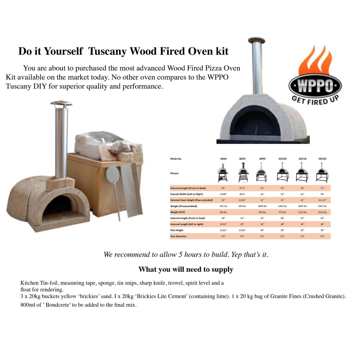 DIY AD70 Wood-Fired Outdoor Oven Kit (38"D x 37"W x 23"H)