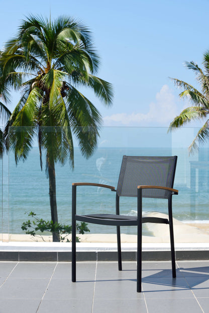 Rinjani 63" Teak Table & 4 Vera Stacking Armchairs | Aluminum, FSC Teak & Weather-net® | LifestyleGarden