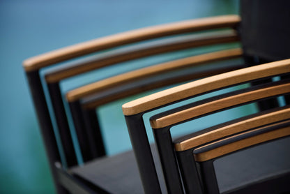 Rinjani 63" Teak Table & 4 Vera Stacking Armchairs | Aluminum, FSC Teak & Weather-net® | LifestyleGarden