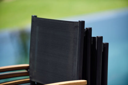 Rinjani 63" Teak Table & 4 Vera Stacking Armchairs | Aluminum, FSC Teak & Weather-net® | LifestyleGarden