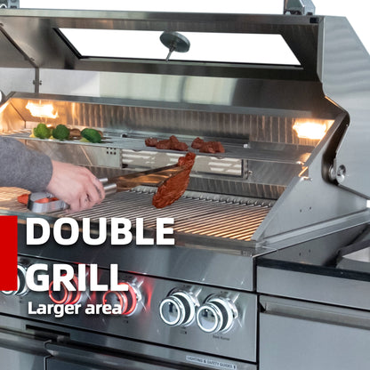 96-Inch Stainless Steel Outdoor Kitchen Island | 6-Burner Grill & Refrigerator | 85,000 BTU, Black Granite Countertops