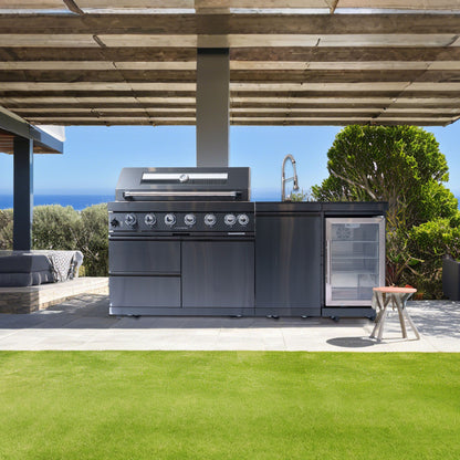 Black Outdoor Kitchen Island Grill | 6 Burners with Wine Cooler, Rotisserie Kit & Sink | 85,000 BTU, Granite Countertops