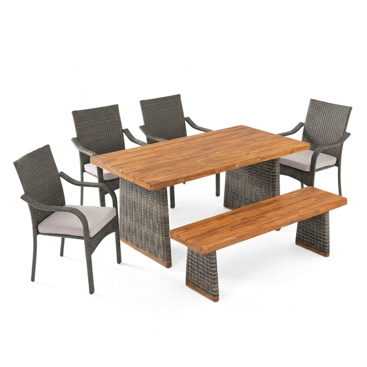 Acacia Wood Outdoor Dining Set | 6-Piece with Bench and 4 Stacking PE Rattan Chairs | Grey and Teak