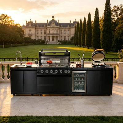 Black Stainless Steel Outdoor Kitchen Island | 6-Burner Grill, 18-Inch Kamado & Refrigerator | 128-Inch, Granite Countertops
