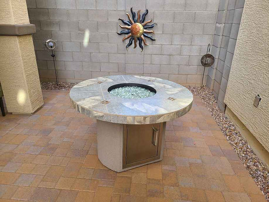 Bahama Outdoor Fire Table | 35,000 BTU Round Dining Height | LP or Natural Gas | Patio Elegance