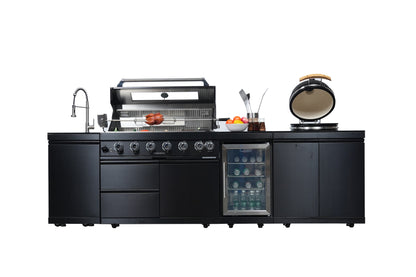115-Inch Black Stainless Steel Outdoor Kitchen Island | 6-Burner Grill & 18-Inch Kamado | 85,000 BTU, Granite Countertops
